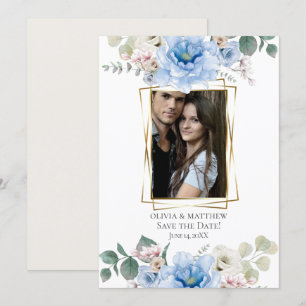 Invitation Save the date   Blue Watercolor Peony Flowers