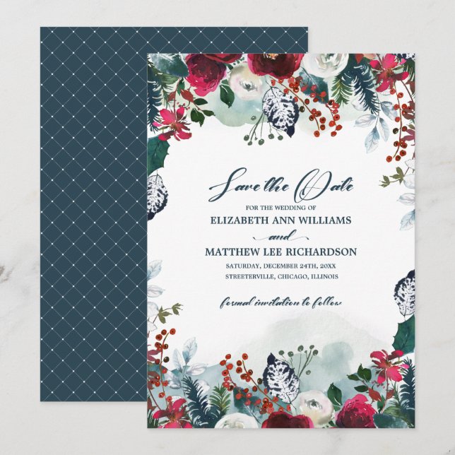 Invitation Save the date. Dusty Blue | Mariage Bourgogne (Devant / Derrière)