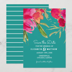 Invitation Save the date. Mariage floral Turquoise Fuchsia