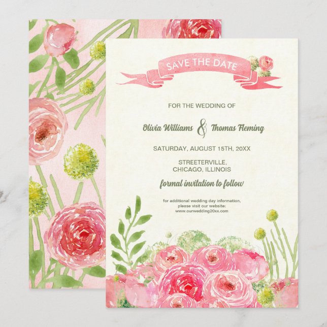 Invitation Save the date. Mariage Rose de l'aquarelle romanti (Devant / Derrière)