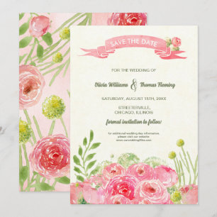 Invitation Save the date. Mariage Rose de l'aquarelle romanti