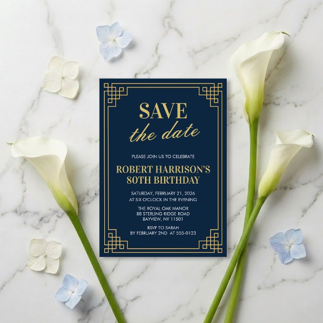 Invitation Save the Date Navy Gold 80th Birthday  (SEE FULL SUITE AT BOTTOM)