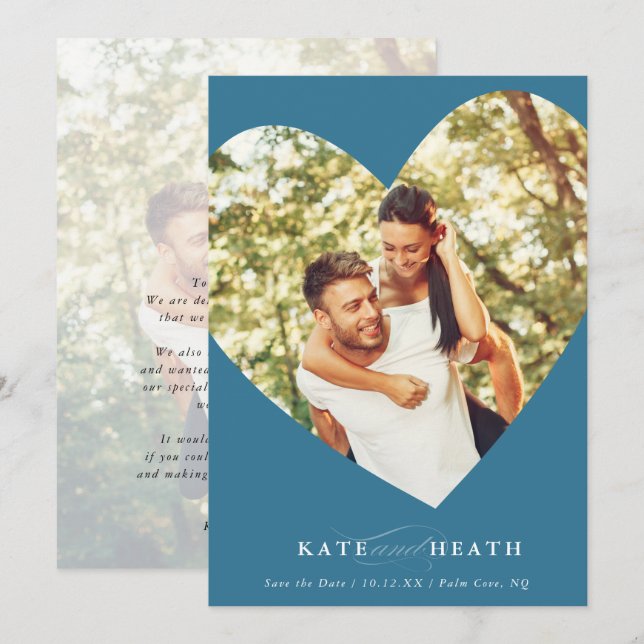 Invitation SAVE THE DATE photo moderne élégant coeur denim (Devant / Derrière)
