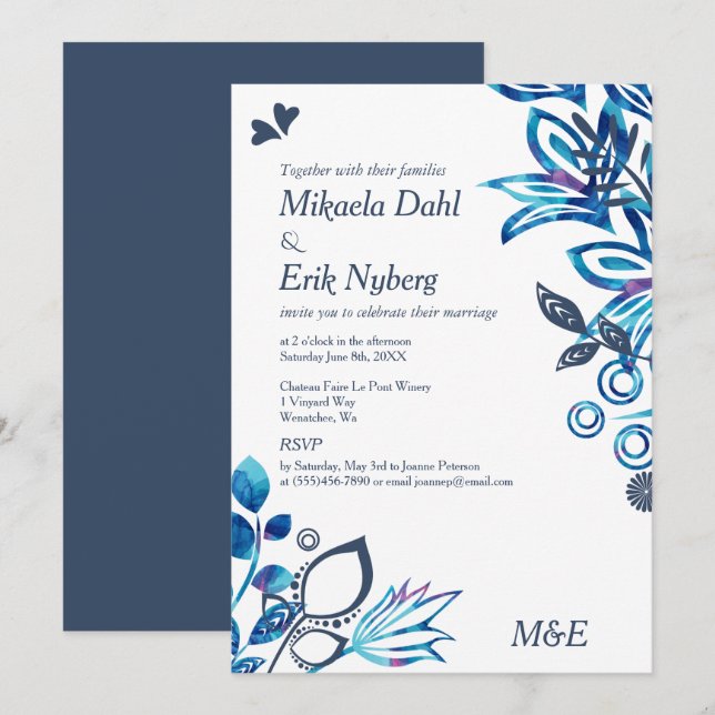 Invitation Scandinave Blue Floral Mariage (Devant / Derrière)
