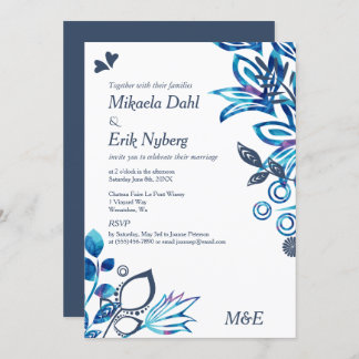 Invitation Scandinave Blue Floral Mariage