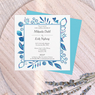 Invitation Scandinave Blue Turquoise Fleurs Coeurs Feuille