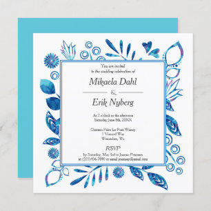 Invitation Scandinave Blue Turquoise Fleurs Coeurs Feuille