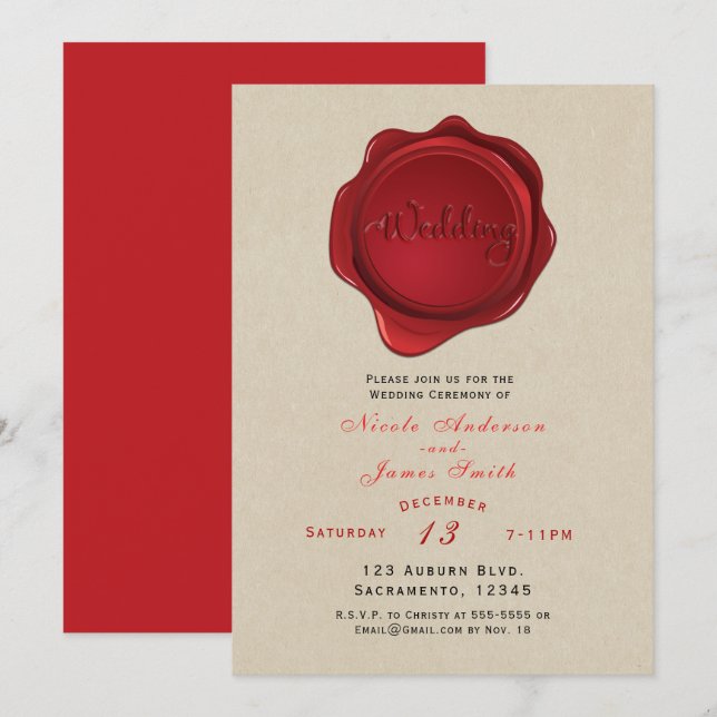 Invitation Sceau de cire rouge Élégant Kraft Brown Mariage ru (Devant / Derrière)