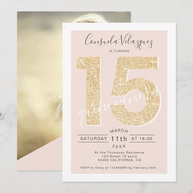 Invitation Scénario de parties scintillant d'or chic photo de (Devant / Derrière)