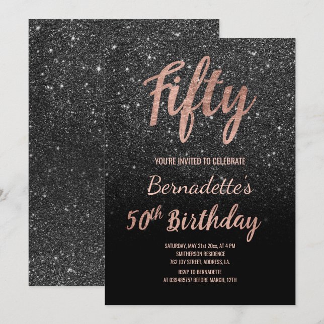 Invitation Scénario de parties scintillant noire Faux or rose (Devant / Derrière)