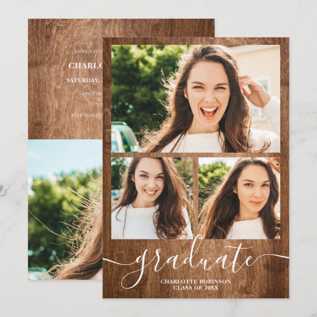 Invitation Scénario Rustique de diplôme en bois 4 photos grad (Devant / Derrière)