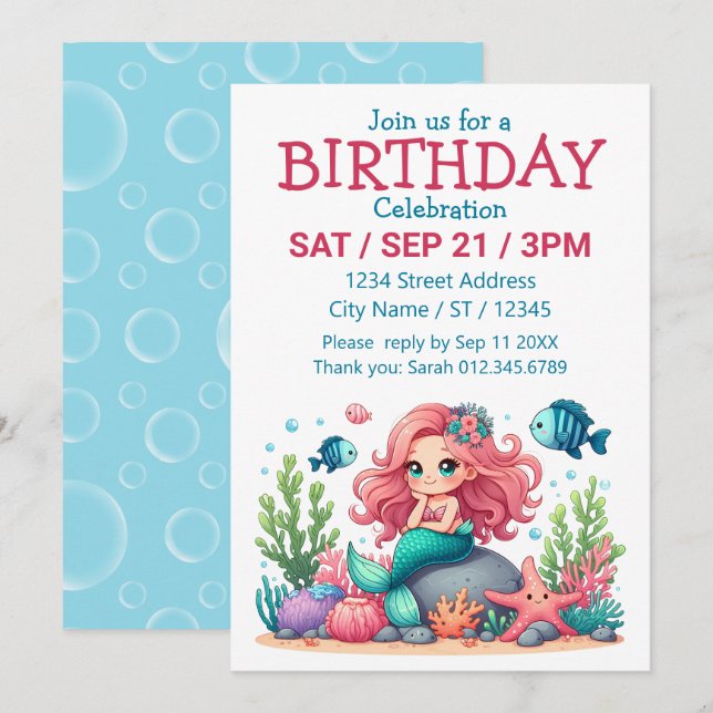 Invitation Scène charmante de sirène et d'amis poissons capri (Devant / Derrière)