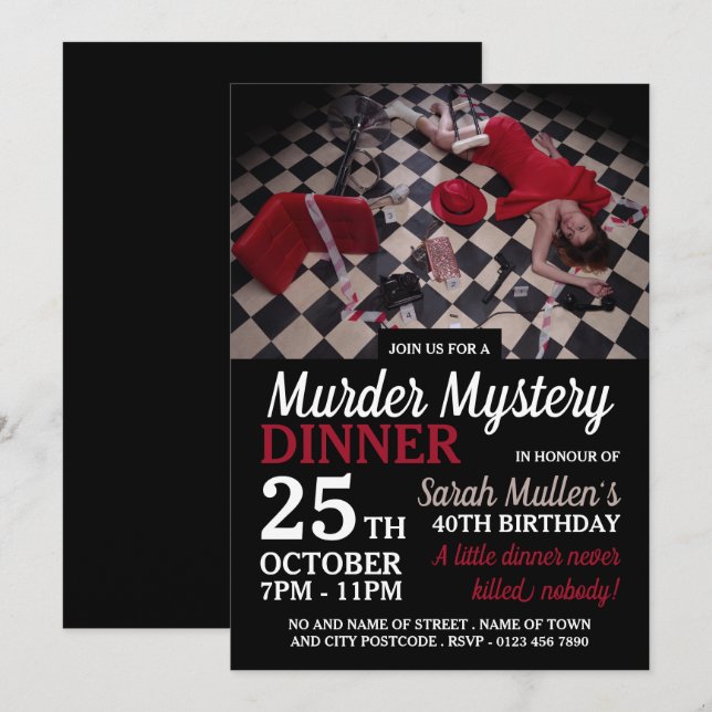 Invitation Scène de meurtre, Mystère de meurtre Anniversaire  (Devant / Derrière)
