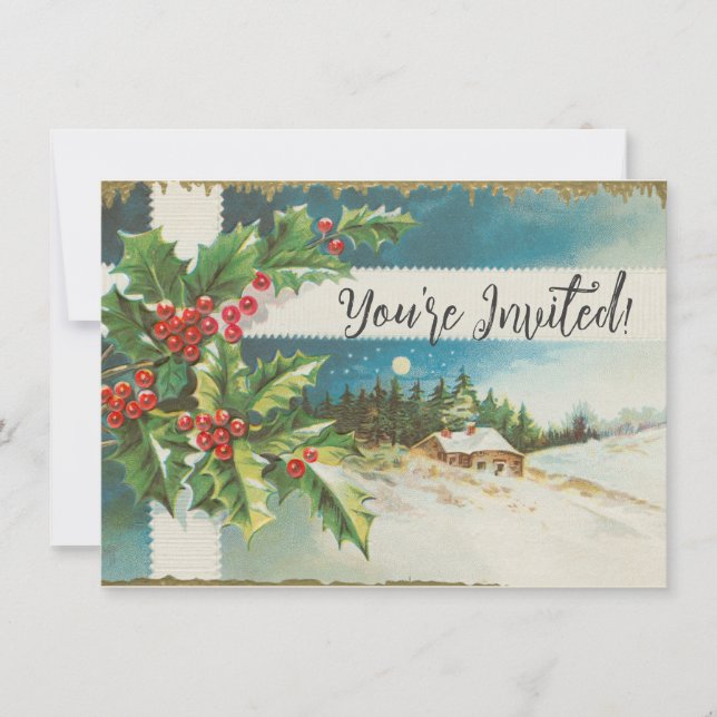 Invitation Scène de Noël Houx Neige Hiver (Devant)