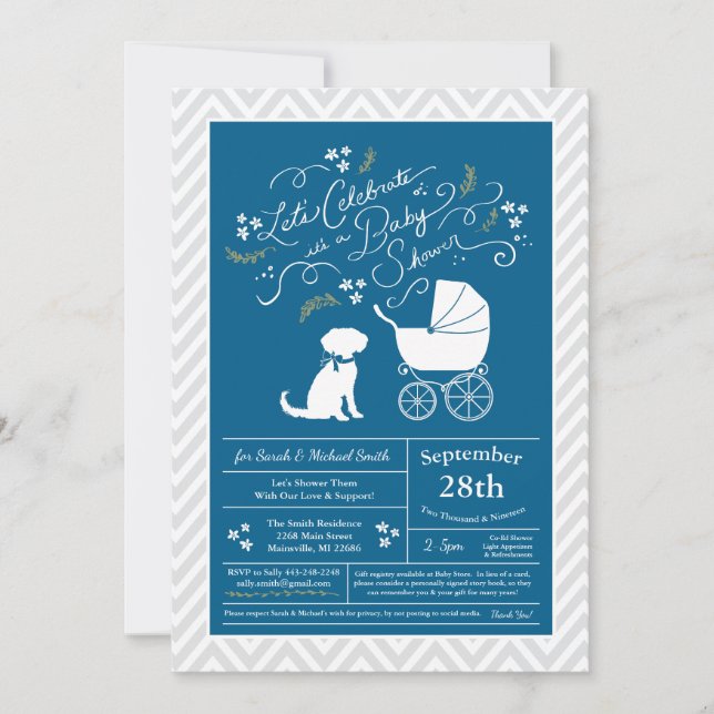 Invitation Schnoodle Chien Baby shower Garçon bleu (Devant)