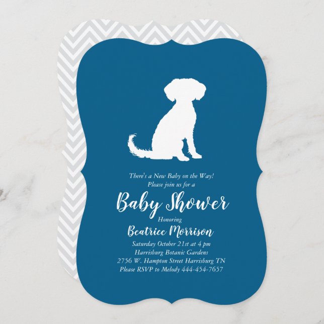 Invitation Schnoodle Chien Baby shower Garçon bleu (Devant / Derrière)