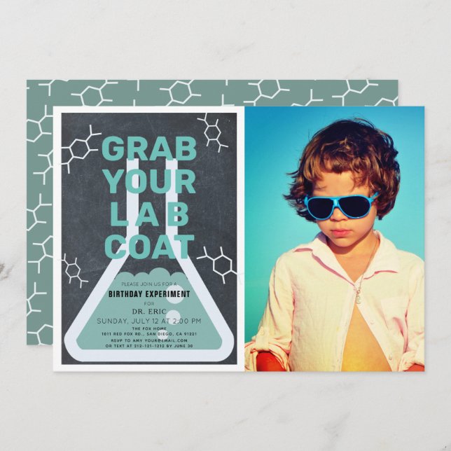 Invitation Science Experiment Flask Chalkboard Photo Annivers (Devant / Derrière)