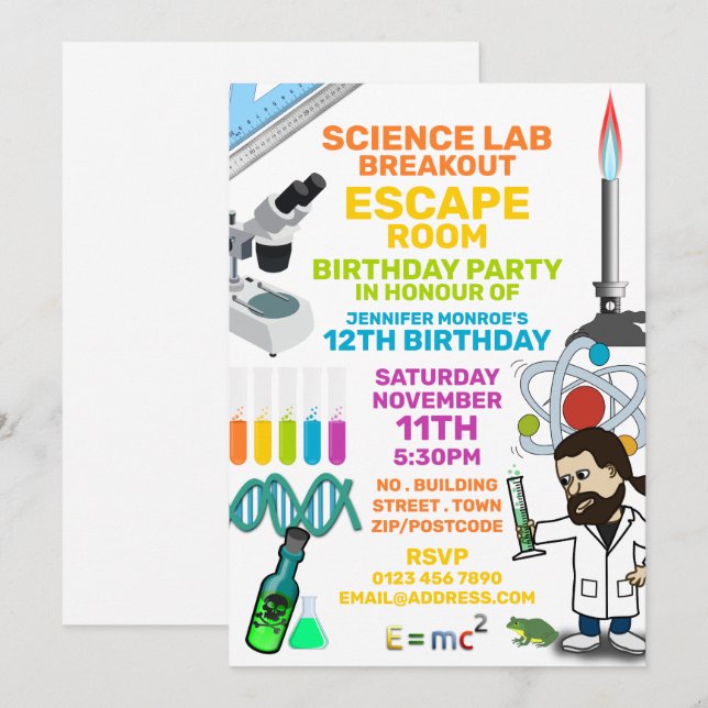 Invitation Science Lab Thème Escape Room, fête d'anniversaire (Devant / Derrière)