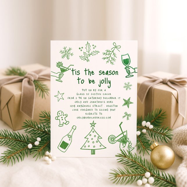 Invitation Scribble Doodles Parties scintillant Green Christm (Créateur téléchargé)