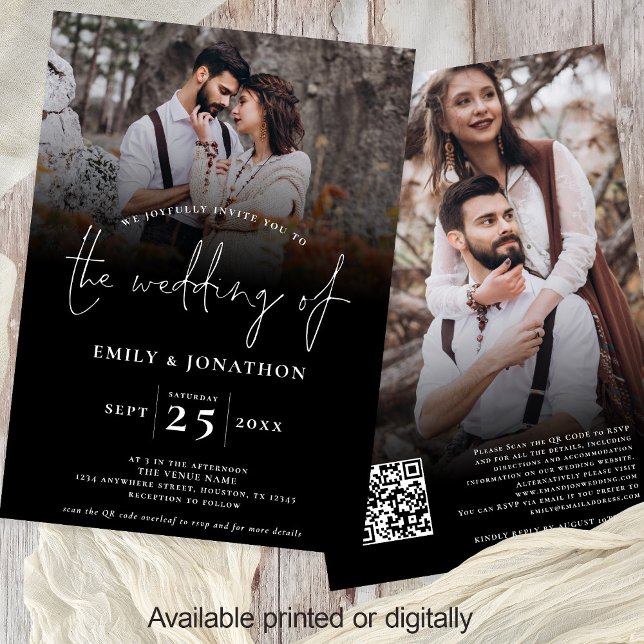 Invitation Script 2 Photos superposer QR Code Mariage noir (Front and back view 2 photos black overlay wedding invitation with QR code)