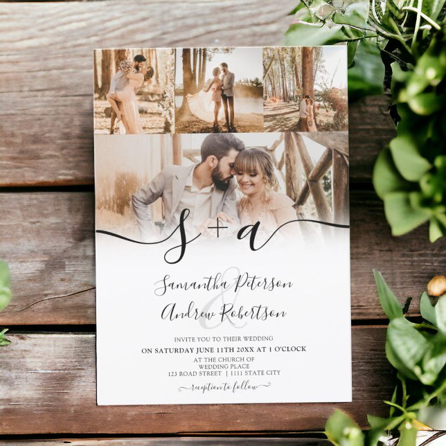 Invitation Script 5 photos simple moderne mariage (Modern simple initials script 5 photos wedding invitation)