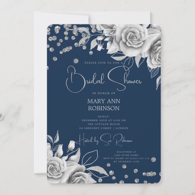 Invitation Script Argent Parties scintillant Florale Fête des (Devant)