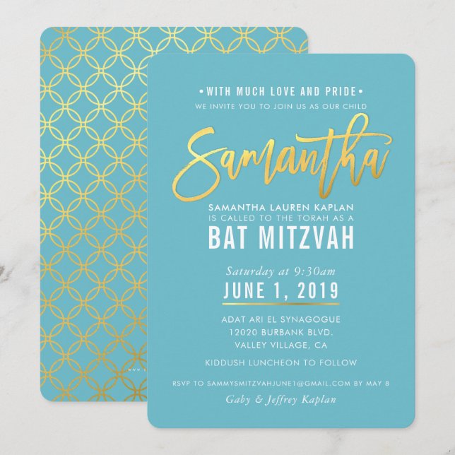 Invitation Script bat mitzvah en or blanc turquoise SAMANTHA (Devant / Derrière)