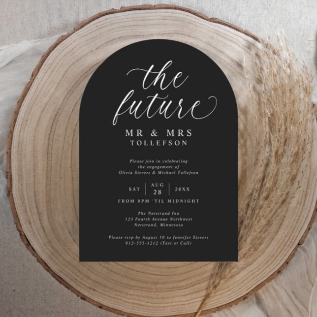 Invitation Script Black and White Elegant Engagement Party (Modern black arch-shaped engagement party invitation with elegant white script and minimalist design)