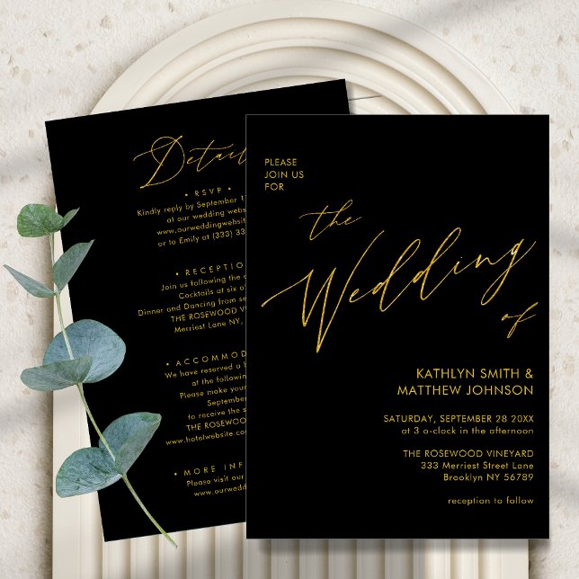 Invitation Script Black Gold Élégant Tout en un Mariage (Créateur téléchargé)