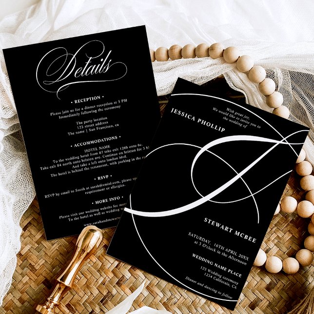 Invitation Script blanc noir tout en un mariage de calligraph (Script white black all in one calligraphy wedding invitation)