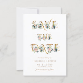 Invitation Script bleu floral or Photo Enregistrer la date