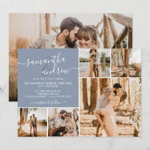Invitation Script bleu poussiéreux moderne 6 photos mariage