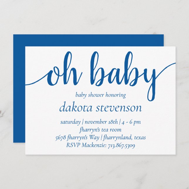 Invitation Script bleu simple | Cerulean Oh Baby shower (Devant / Derrière)