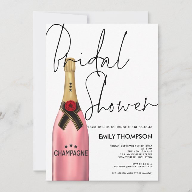 Invitation Script bouteille de champagne rose Fête des mariée (Devant)