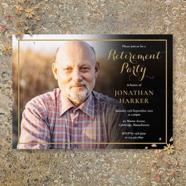 Invitation Script Classic Gold Photo de fête de retraite (Classic Gold Script Retirement Party Photo Invitation)