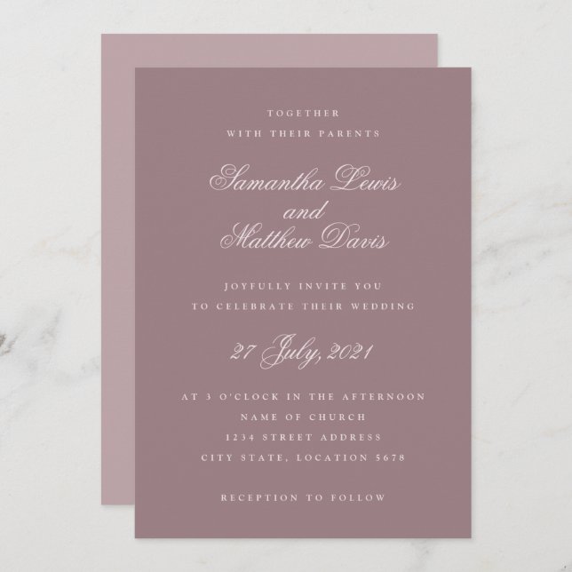 Invitation Script classique élégant violet mauve Mariage (Devant / Derrière)