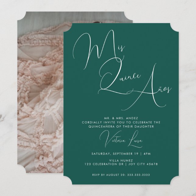Invitation Script classique Emerald Green Anniversaire quince (Devant / Derrière)