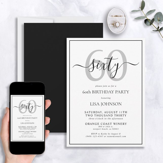 Invitation Script classique Formal 60e Anniversaire Noir & Bl (Créateur téléchargé)