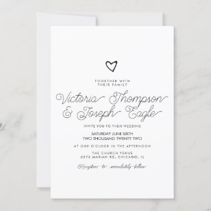 Invitation Script Coeur incliné noir blanc Mariage moderne