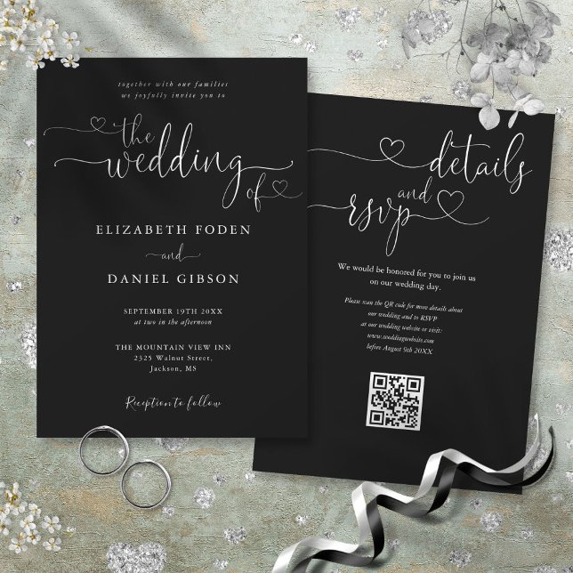 Invitation Script Coeur noir et blanc QR Code Mariage (Black And White Heart Script QR Code Wedding Invitation)