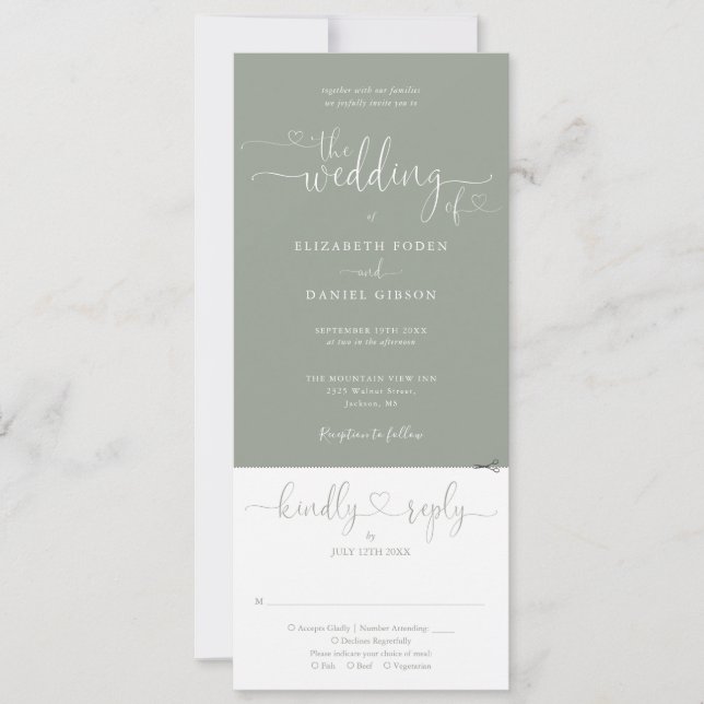 Invitation Script Coeur Sage Vert Tout en un Mariage (Devant)