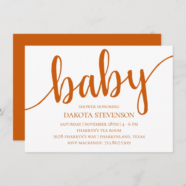 Invitation Script d'automne simple | Baby shower orange brûlé (Devant / Derrière)