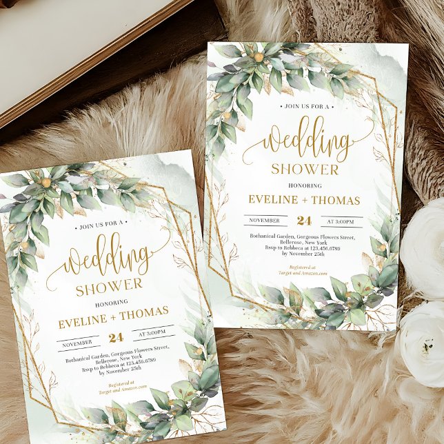 Invitation Script de calligraphie moderne Wedding shower de v (Delicate green eucalyptus and gold wedding shower invitation digital)