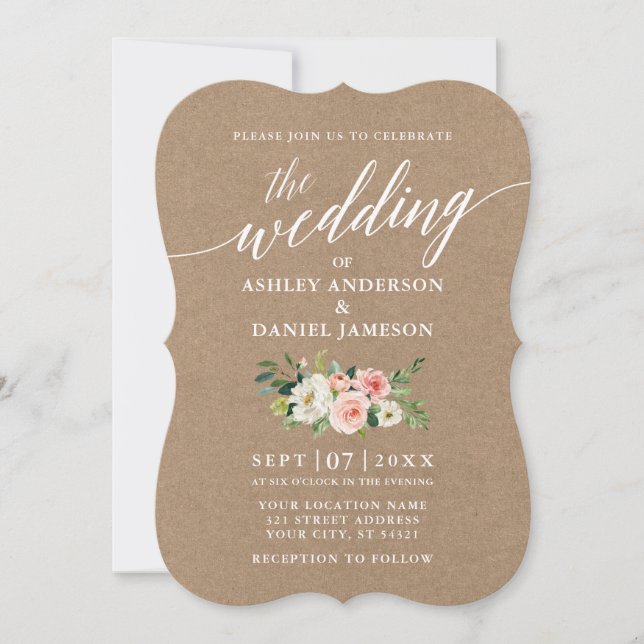 Invitation Script de calligraphie rose blanc Mariage floral K (Devant)