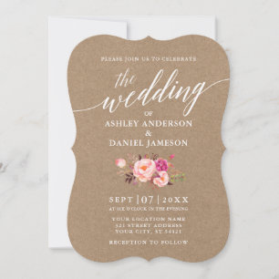 Invitation Script de calligraphie rose Mariage floral Kraft