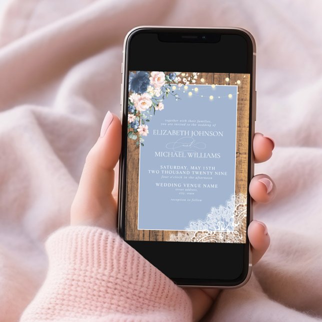 Invitation Script de dentelle en bois rustique bleu foncé (Créateur téléchargé)