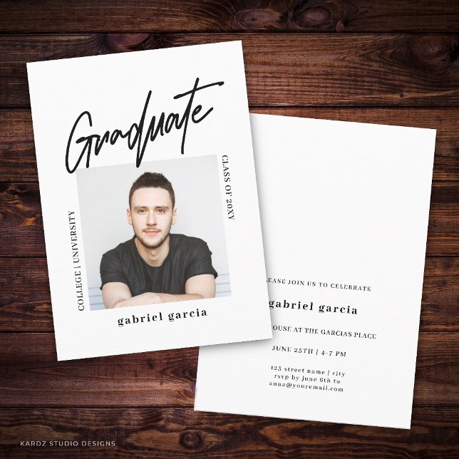 Invitation Script de photo simple et minimaliste pour diplômé (Front and back of 4.5 x 6.25 card is shown. Choose size, corner and paper style.)