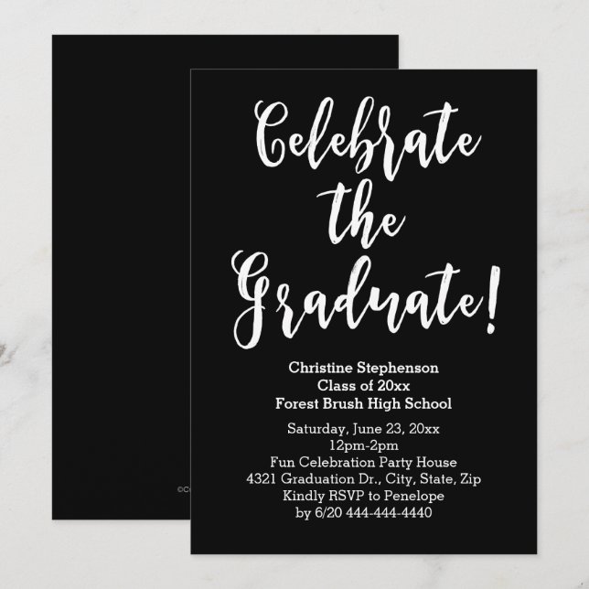 Invitation Script de pinceau blanc Célébrer la fête de gradua (Devant / Derrière)