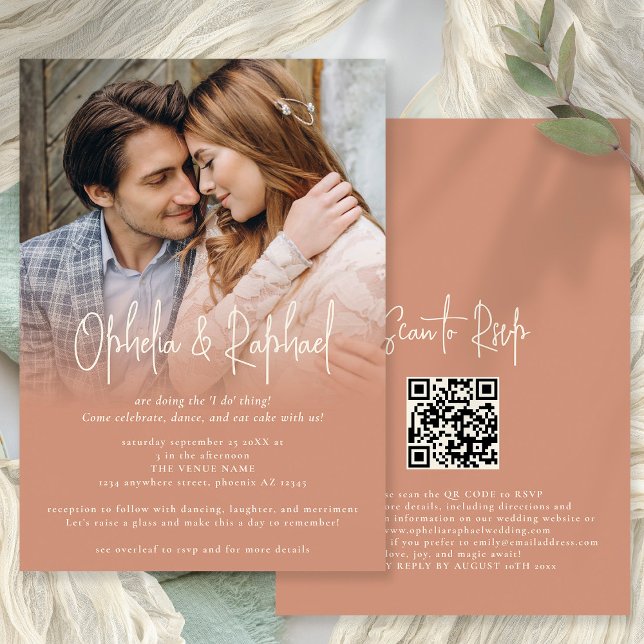 Invitation Script de superposition photo QR Boho mariage en t (Front and back view. Available printed or dgitally)