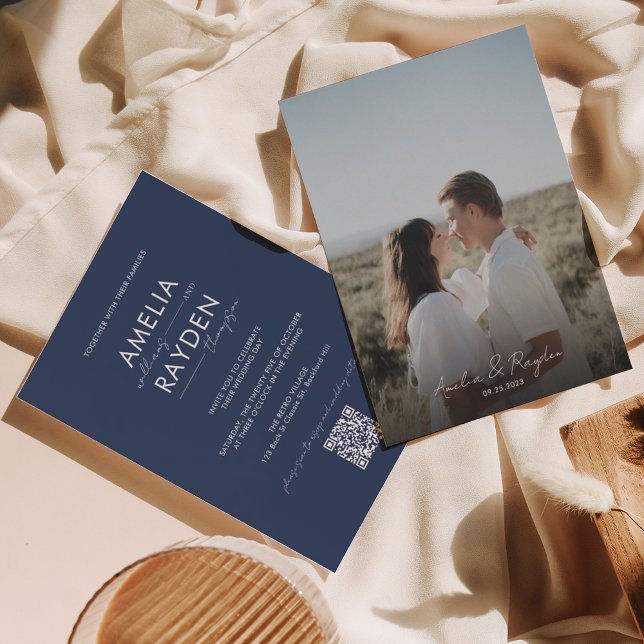 Invitation Script de typographie bleu marine Photo Code QR Ma (Créateur téléchargé)